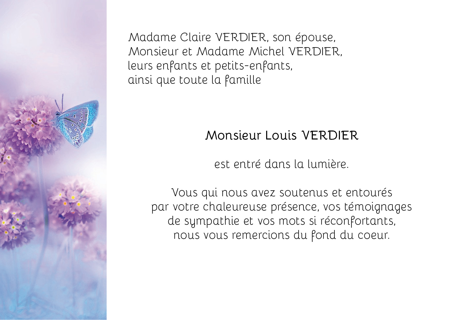 Papillon Ma carte de deuil Fairepart de décès